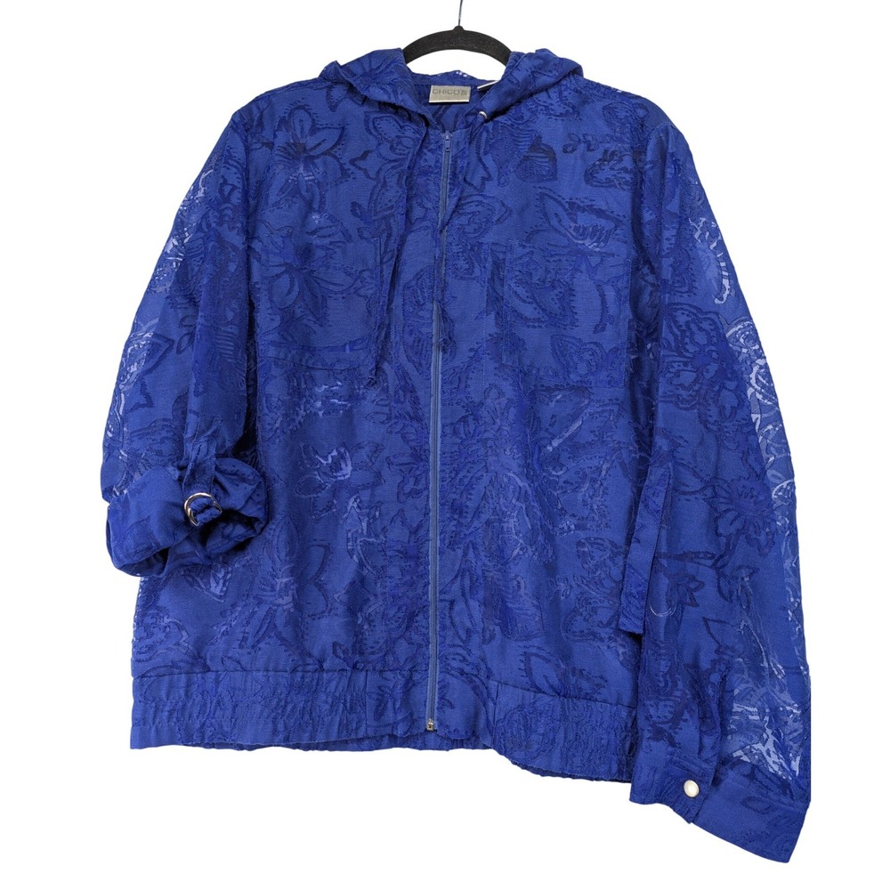 Chicos Cobalt Blue Floral Burnout Zip Up Hoodie Jacket Sheer Size 2